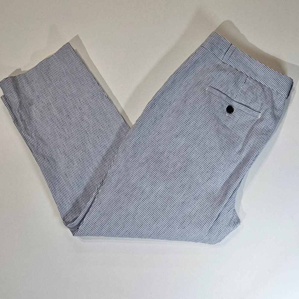 Banana‎ Republic Linen Pants Womens Size 12P Avery Blue White Striped Nautical